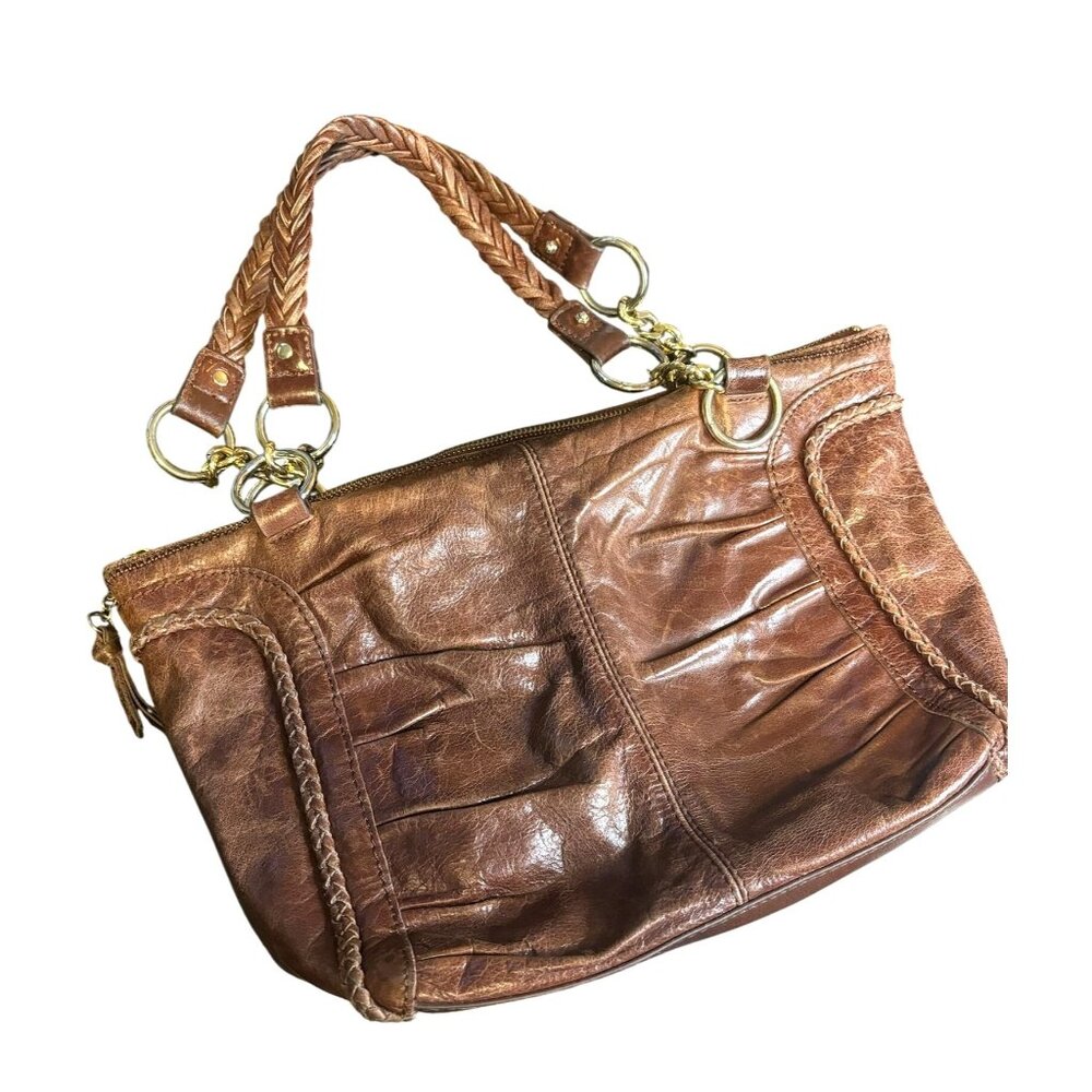 Vintage The Sak Brown Leather Shoulder Bag Braided Strap Handles Brass Hardware